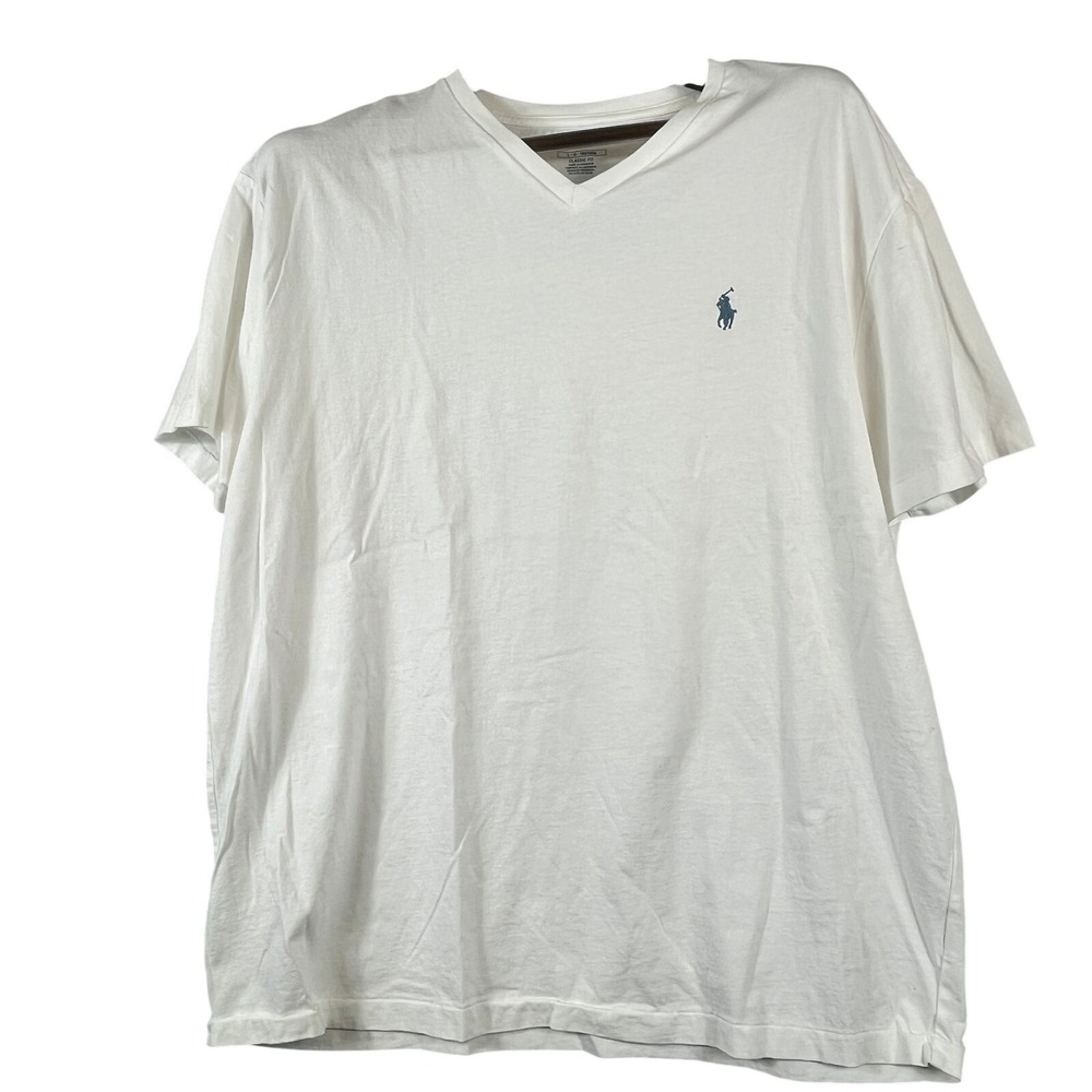 Polo Ralph Lauren Mens L V Neck T Shirt White Blue Pony Classic Fit Cotton NWOT